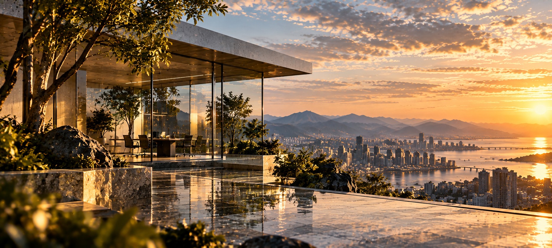 Glass pavilion above the water at dusk