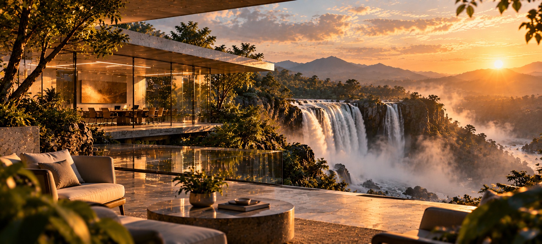 A glass house beside a waterfall at sunset, a place to call home